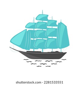 The ship is in blue and black color in minimalism style on a white isolated background. Stickers, icons and individual items. Vector illustration.