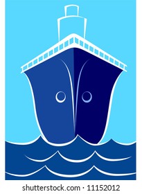 ship with blue hull at sea	