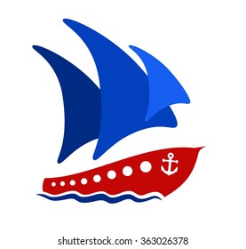 Ship with blue sails.
