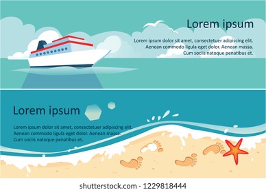 Ship, blue sea and beach, summer travel, sea or ocean horizontal banner vector Illustration