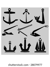 Ship and boat anchors in vector silhouette