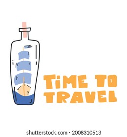 Ship, boat in a bottle. Cute marine illustration. Vector image, clipart, editable details.