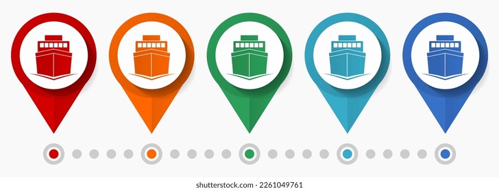 Ship, boat concept vector icon set, flat design pointers, infographic template