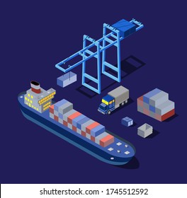 The ship boat factories, warehouses industry night, neon, purple 3D ultraviolet set of urban infrastructure isometric buildings. Conceptual residential town illustration of vector design graphics.