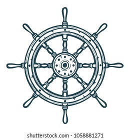 Ship And Boat Helm Hand Drawn Illustration. 
Ship Vintage Steering Wheel Symbol, Icon And Logo.
Vector Object Isolated On White Background.