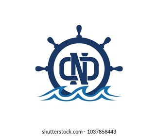 Ship and Boat Helm Steering Wheel with Initial Name Letter DND on The Wave Water Ocean Logo Symbol