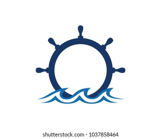 Ship and Boat Helm Steering Wheel on The Wave Water Ocean Logo Symbol