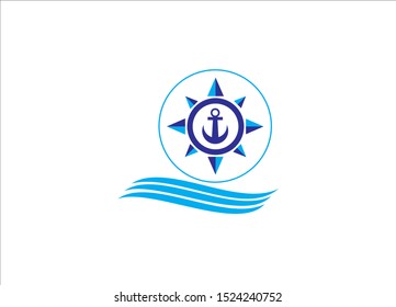 Ship and Boat Helm Steering Wheel on The Wave Water Ocean Logo Symbol - Vector