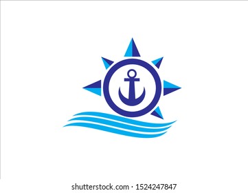 Ship and Boat Helm Steering Wheel on The Wave Water Ocean Logo Symbol - Vector