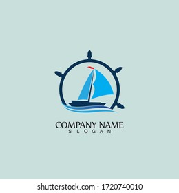 Ship and Boat Helm Steering Wheel on The Wave Water Ocean Logo Symbol
