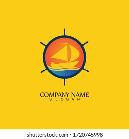 Ship and Boat Helm Steering Wheel on The Wave Water Ocean Logo Symbol