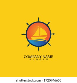 Ship and Boat Helm Steering Wheel on The Wave Water Ocean Logo Symbol
