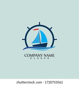 Ship and Boat Helm Steering Wheel on The Wave Water Ocean Logo Symbol