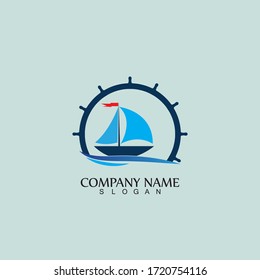 Ship and Boat Helm Steering Wheel on The Wave Water Ocean Logo Symbol