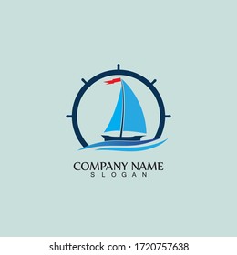 Ship and Boat Helm Steering Wheel on The Wave Water Ocean Logo Symbol