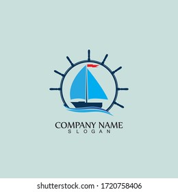 Ship and Boat Helm Steering Wheel on The Wave Water Ocean Logo Symbol