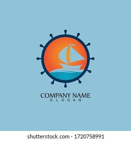 Ship and Boat Helm Steering Wheel on The Wave Water Ocean Logo Symbol