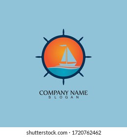 Ship and Boat Helm Steering Wheel on The Wave Water Ocean Logo Symbol