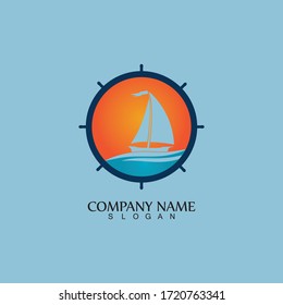 Ship and Boat Helm Steering Wheel on The Wave Water Ocean Logo Symbol
