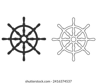 Ship and Boat Helm Steering Wheel and Illustration Logo Symbol line icon set