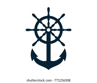 Ship and Boat Helm Steering Wheel and Ancor Illustration Logo Symbol