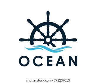 Ship and Boat Helm Steering Wheel on The Wave Water Ocean Logo Symbol