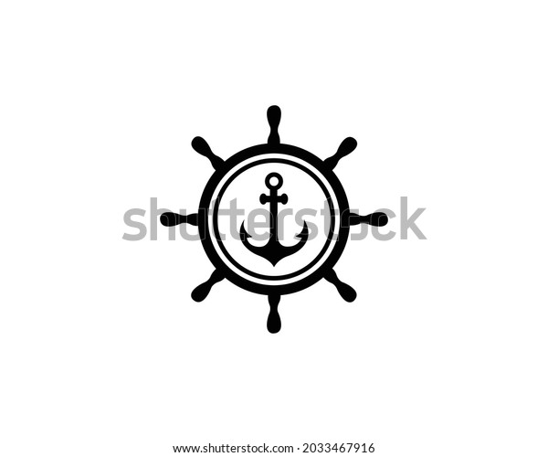 Ship and Boat Helm Steering Wheel With Anchor\
Logo Symbol Vector.
