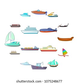 Ship and boat icons set in cartoon style. Marine and river vessels set collection vector illustration