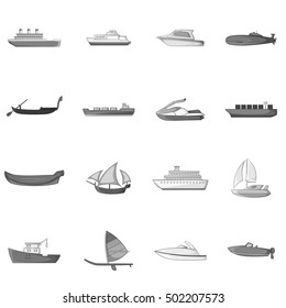 Ship and boat icons set. Gray monochrome illustration of 16 ship and boat vector icons for web