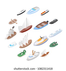 Ship and boat icons set in isometric 3d style. Sailing elements set collection vector illustration