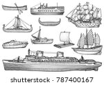 Ship, boat illustration, drawing, engraving, ink, line art, vector