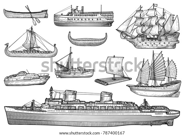 Ship, boat illustration, drawing, engraving, ink,\
line art, vector
