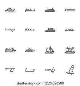 Ship and boat line icons set, outline vector symbol collection, linear style pictogram pack. Signs, logo illustration. Set includes icons as cruise ship, sailing yachts, submarine,  sea transportation