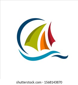 ship boat logo design vector. sailing yacht on the water wave template concept