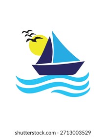 Design-Vektor für das Schiffs-Logo, Schiffs-Logo mit Sonne, kreative Idee für das Schiffs-Logo, Design für das Segelboot-Logo, Vektordesign für die Marke des Unternehmens