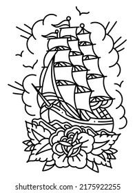 Ship Boat Old School Tattoo On White Background, Vector Illustration.