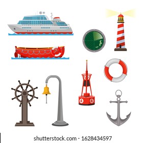 Ship And Boat. Sea Items. Detection Navigation Attributes. Safety Equipment To Save Lives Prevent Dangers. Vector Helm, Lighthouse, Life Saver Ring, Buoy, Anchor, Radar Screen, Bell Illustration Set