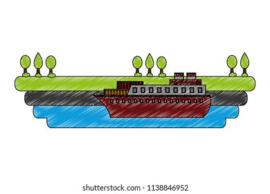 ship boat in sea with landscape
