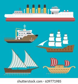 Ship boat sea symbol vessel travel industry vector sailboats cruise set of marine icon