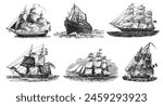 Ship, Boat Set. Sailing vintage illustration. Sea transportation collection. Hand drawn vector sketch. Ship drawing isolated on white background.