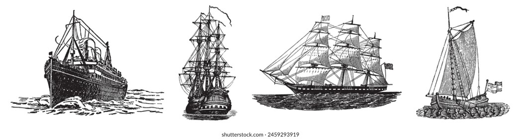 Ship, Boat Set. Sailing vintage illustration. Sea transportation collection. Hand drawn vector sketch. Ship drawing isolated on white background.