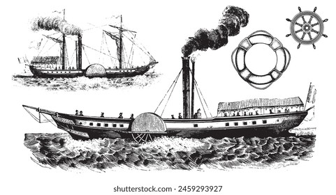 Ship, Boat Set. Sailing vintage illustration. Sea transportation collection. Hand drawn vector sketch. Ship drawing isolated on white background.