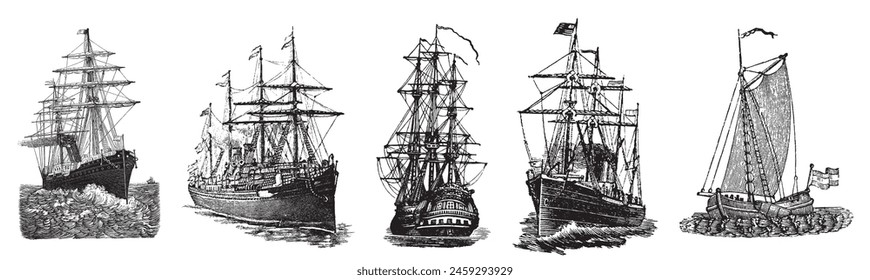 Ship, Boat Set. Sailing vintage illustration. Sea transportation collection. Hand drawn vector sketch. Ship drawing isolated on white background.