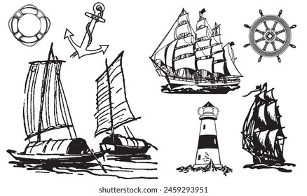 Ship, Boat Set. Sailing vintage illustration. Sea transportation collection. Hand drawn vector sketch. Ship drawing isolated on white background.