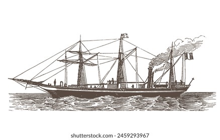 Barco, Juego de Barcos. Vela ilustración vintage. Colección de transporte marítimo. Esbozo de Vector dibujado a mano. Dibujo del barco aislado sobre fondo blanco.