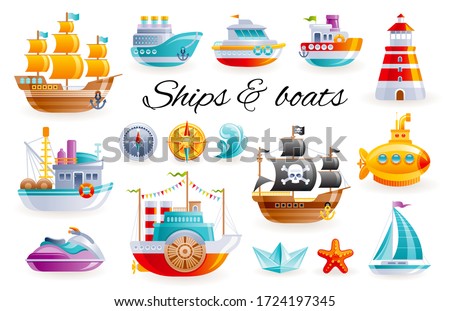 Ship boat set, vector cartoon illustration. Sea toy transport collection. 3d sail yacht, ocean cruise ship, sailboat, submarine, fishing trawler. Cute water kid icons isolated on white background