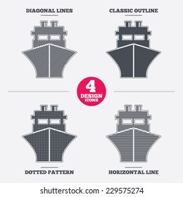 Ship or boat sign icon. Shipping delivery symbol. Diagonal and horizontal lines, classic outline, dotted texture. Pattern design icons.  Vector