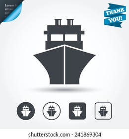 Ship or boat sign icon. Shipping delivery symbol. Circle and square buttons. Flat design set. Thank you ribbon. Vector