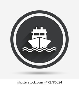 Ship or boat sign icon. Shipping delivery symbol. With chimneys or pipes. Circle flat button with shadow and border. Vector