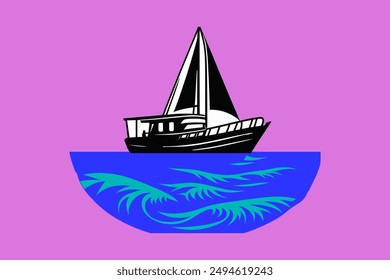 ship boat silhouette vector design with water.